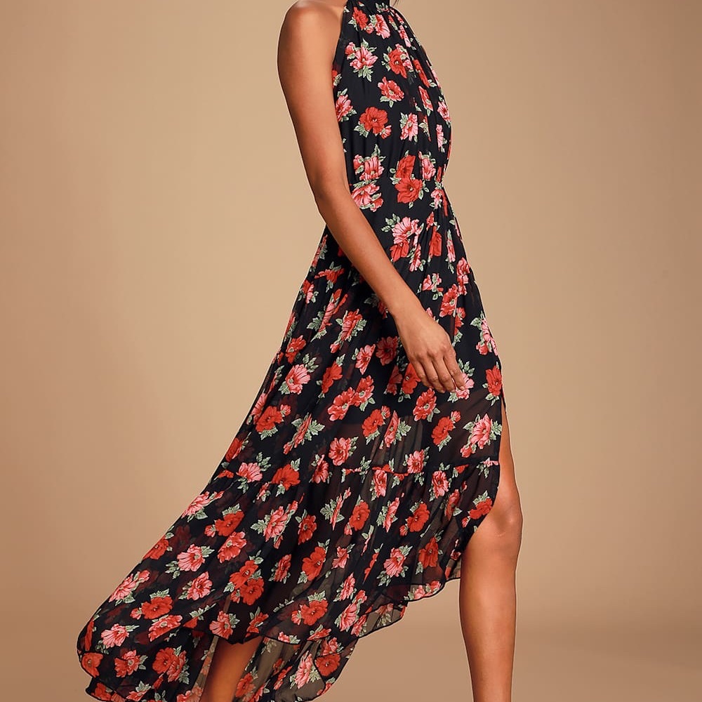 Lulu's Floral Print Chiffon Halter Maxi Dress, Backless - M - Picture 3 of 12